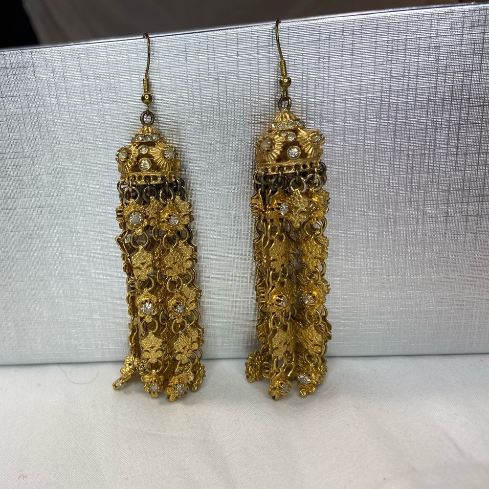 Countess Cis Zoltowska Elegant Gold Gilt and Rhinestones Tassel earrings